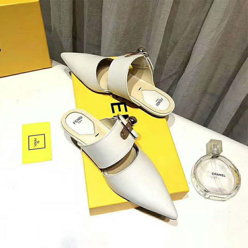 Close-up of signature hardware on Fendi Women Shoes Sabots White