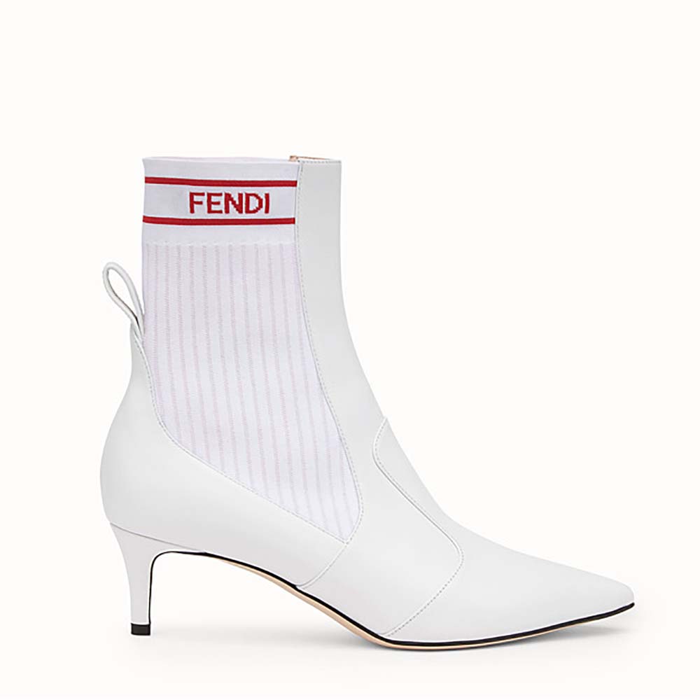 Side view of Fendi Women Shoes White Leather Boots with gold logo detail