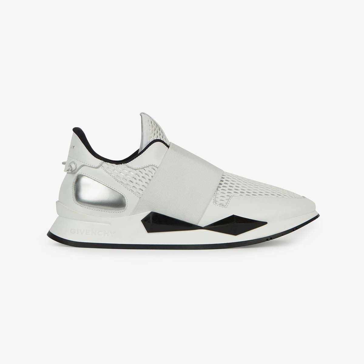Side view of Givenchy Women Elastic Strap Sneakers in White suede and leather