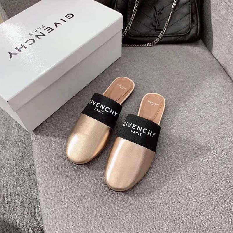 Top angle of Givenchy Women Shoes Givenchy Paris Leather Mules-Gold slip-on design