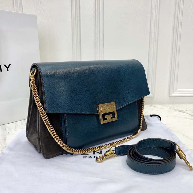 Side angle showing leather and suede texture of Givenchy Small Gv3 Bag