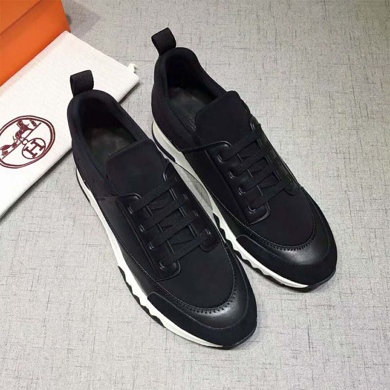Top view of Hermes Men Shoes Stadium Sneaker-Black with laces tied