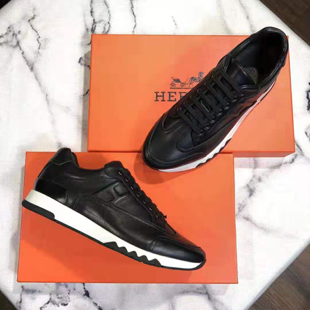 Top-down view of Hermes Men Trail sneaker in Calfskin-Black with lace details