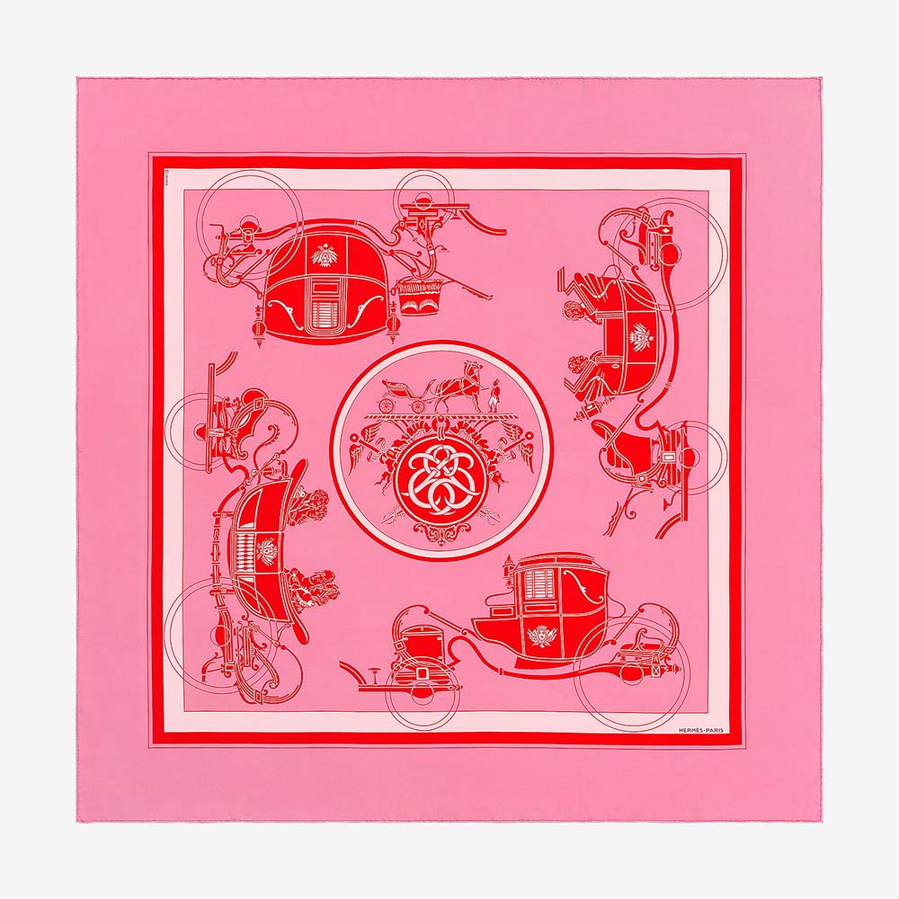 Front view of Hermes Women Ex-Libris Scarf 90-Pink with signature print
