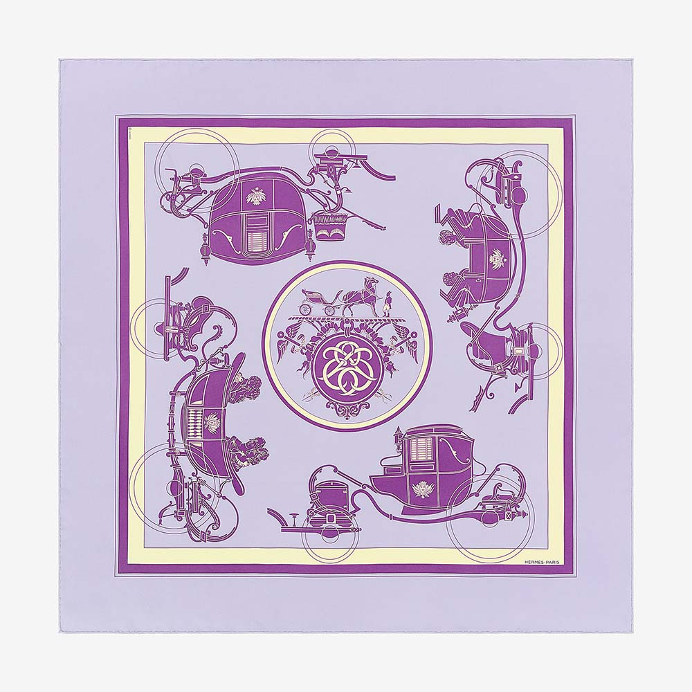 Hermes Women Ex-Libris Scarf 90-Purple flat lay showing full design