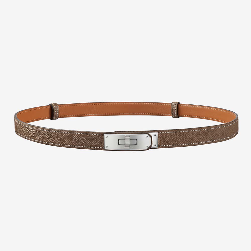 Front view of Hermes Women Kelly Belt in Leather-Silver with clasp
