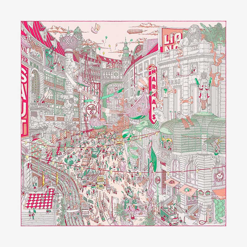 Front view of Hermes Women Le Grand Prix Du Faubourg Scarf 90-White showing full print