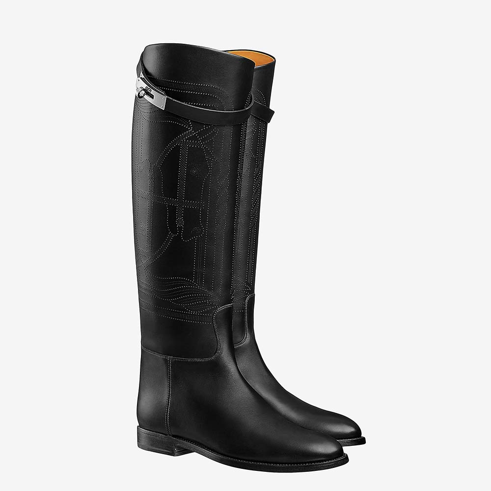 Side profile of Hermes Women Shoes Jumping Boot in Calfskin-Black