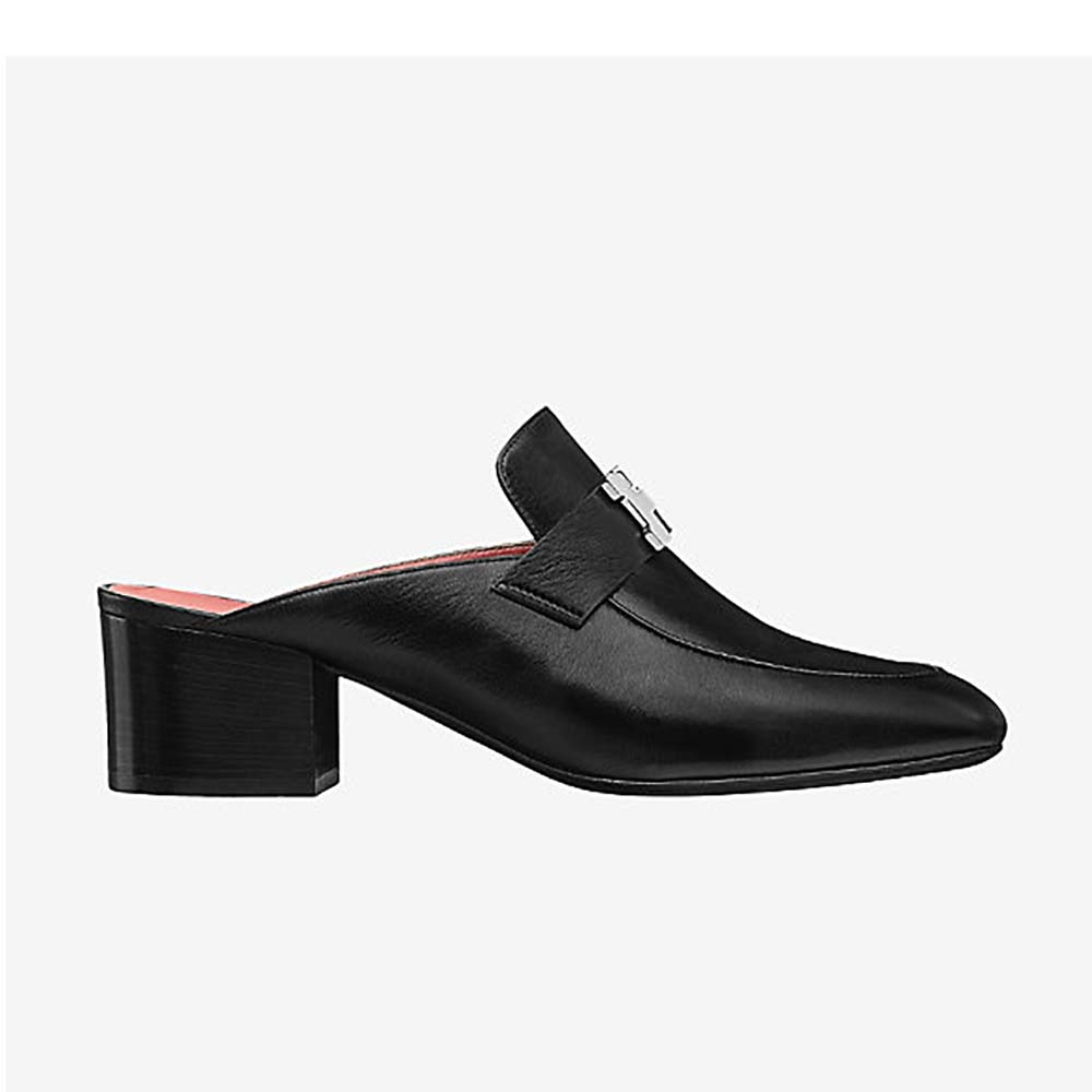 Side view of Hermes Women Shoes Paradis Mule 40mm Heel-Black showcasing heel
