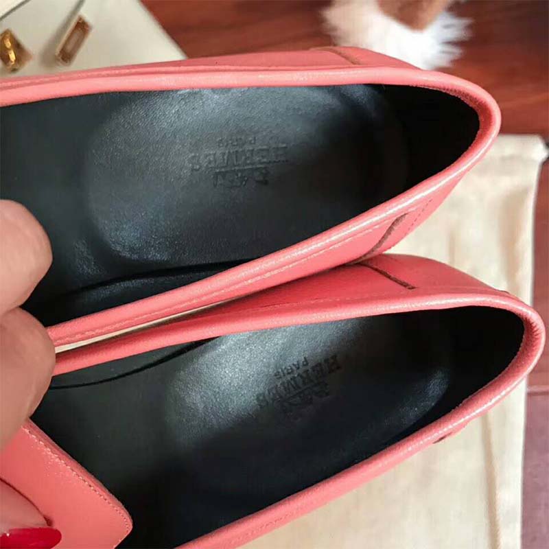 Top angle of pink leather texture on Hermes Women Shoes Paris Loafer