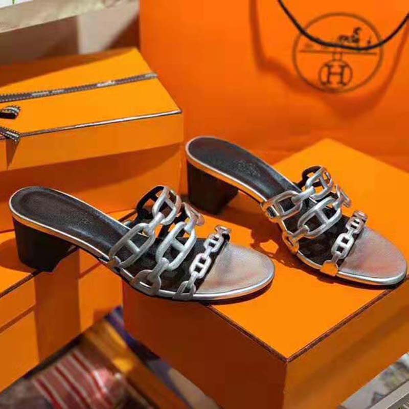 Hermes Women Tandem Sandal in Nappa Leather 5.1cm Heel-Silver - image 5