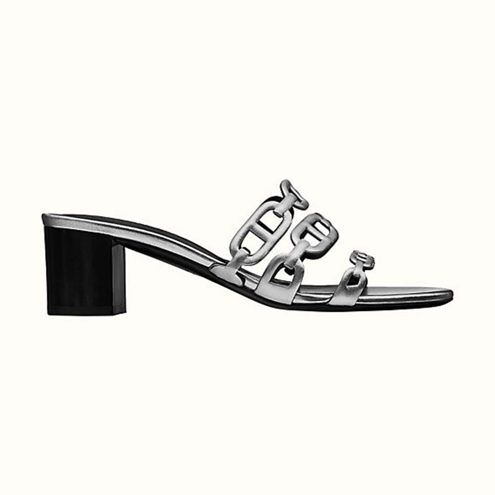 Side view of Hermes Women Tandem Sandal in Nappa Leather 5.1cm Heel-Silver