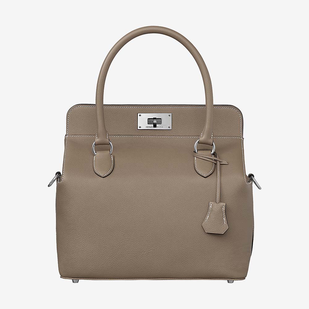 Front view of Hermes Women Toolbox 26 Bag in silver calfskin leather