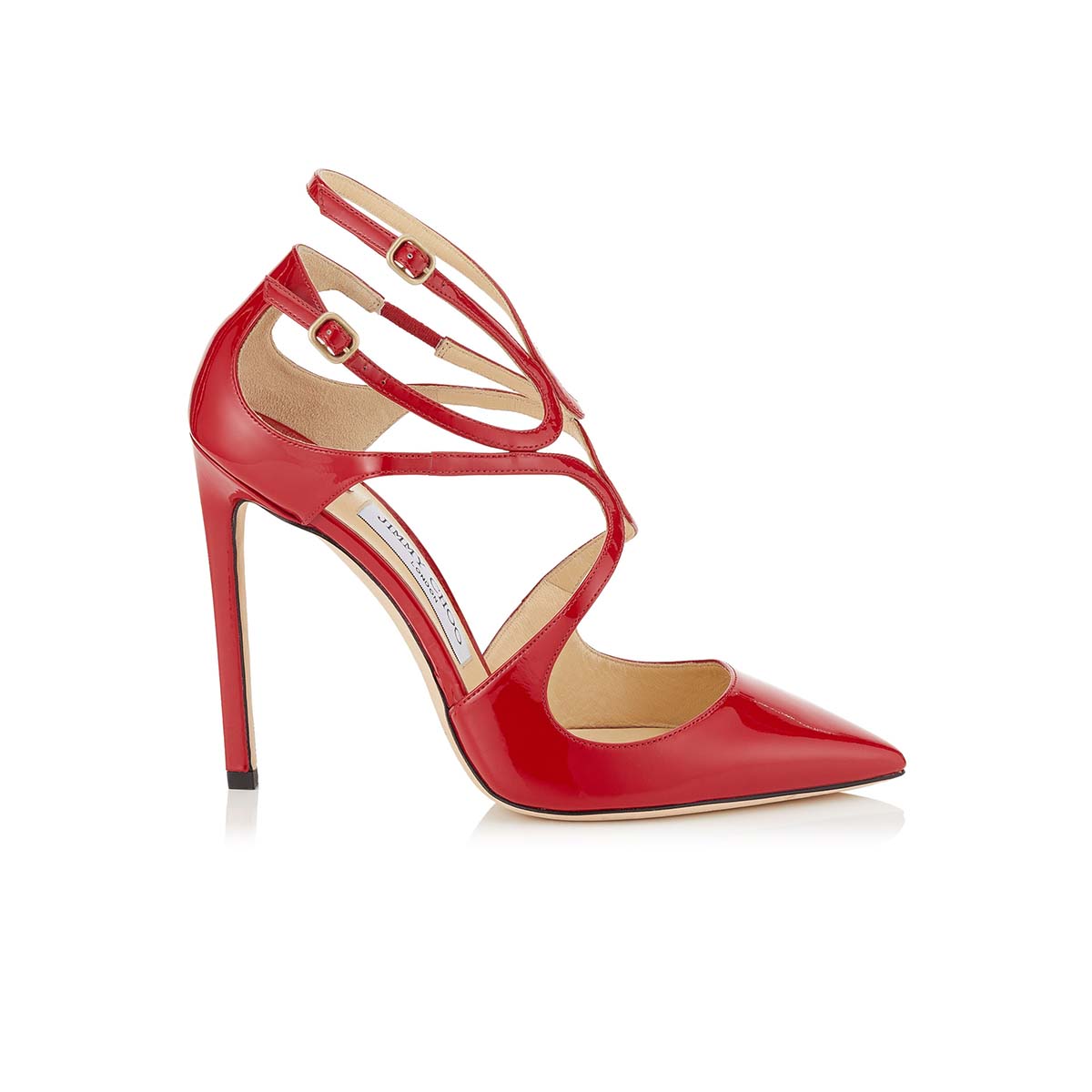 Side view of Jimmy Choo Women Lancer 110 Patent Leather Pointy Toe Pumps Shoes Red