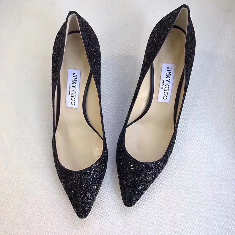 Rear view showing 85mm heel and glitter fabric on Jimmy Choo pumps