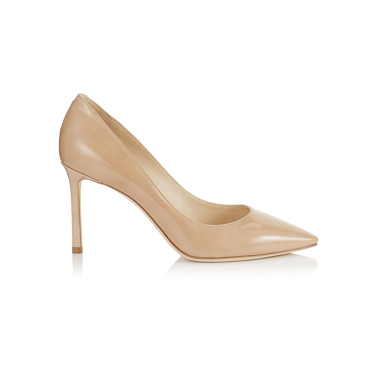 Side profile of Jimmy Choo Women Romy 85 pumps in sandy beige