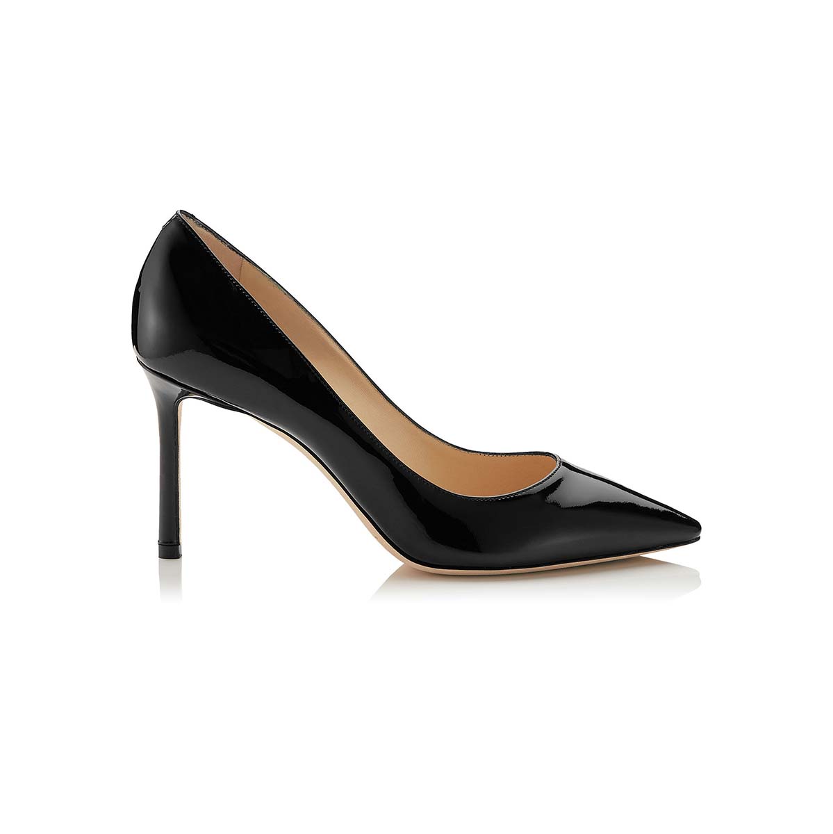 Side profile of Jimmy Choo Women Romy 85 Patent Leather Pointy Toe Pumps Shoes-Black