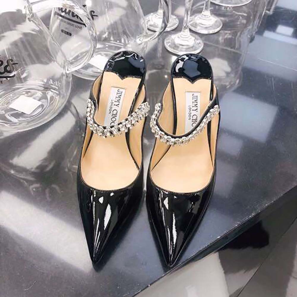 Close-up of crystal strap on Jimmy Choo Bing 65 Black Mules