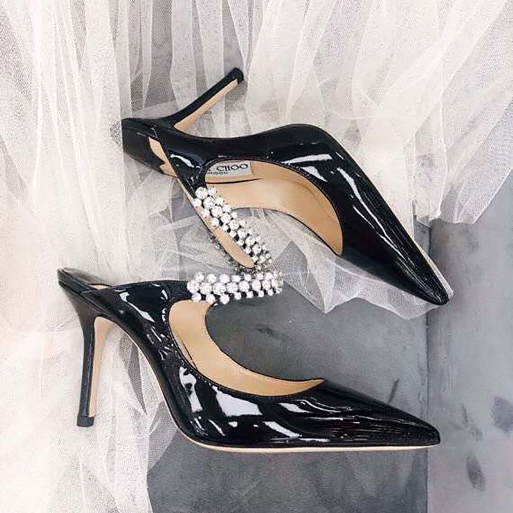 Rear view showing 65mm heel on Jimmy Choo Bing 65 Black Mules