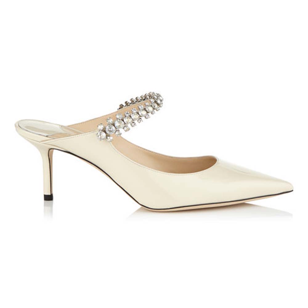 Side angle of Jimmy Choo Women Shoes Bing 65 Linen Patent Leather Mules with Crystal Strap