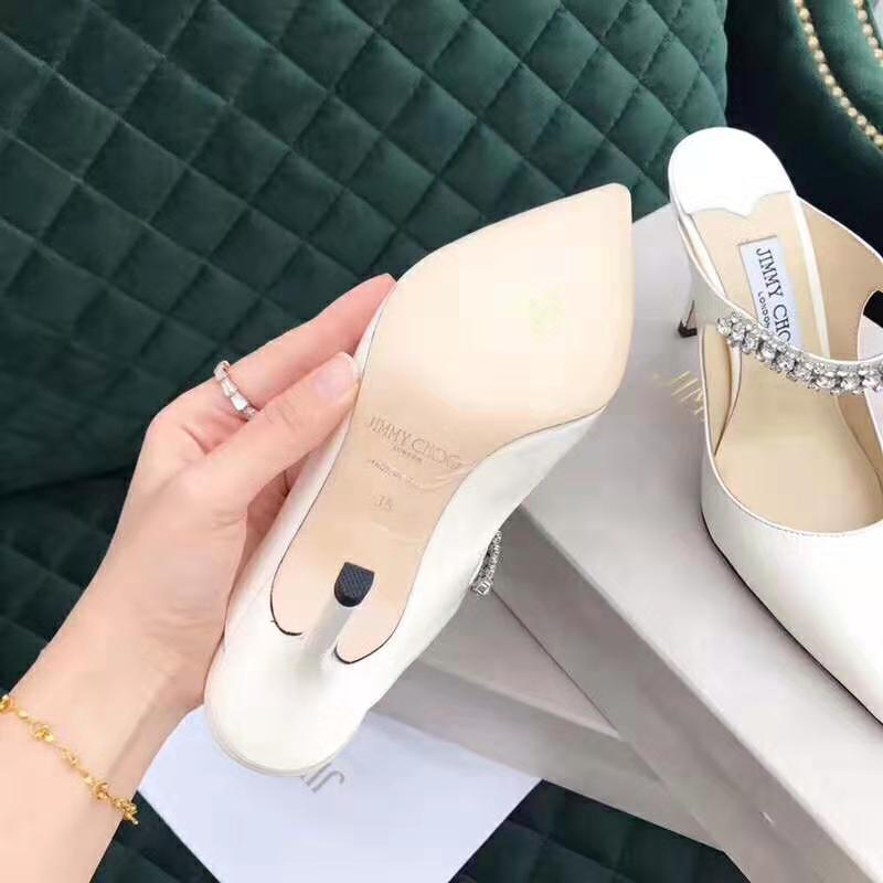 Back view showing heel height of Jimmy Choo Bing 65 Linen Patent Leather Mules