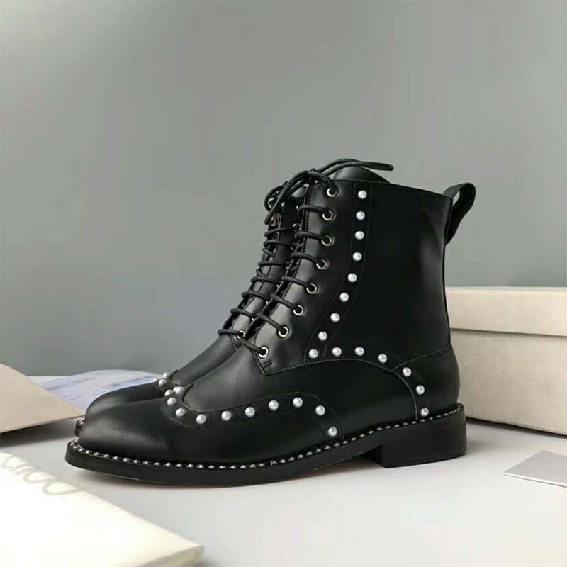 Jimmy Choo Women Shoes Hanah Flat Black Smooth Leather Boots with Pearl Detailing - image 6