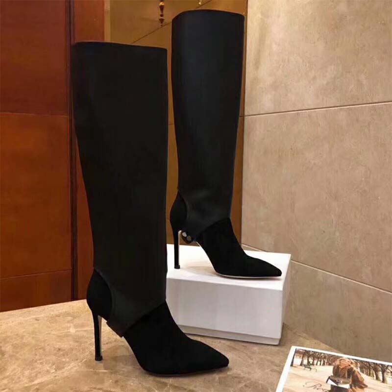Side profile showing knee-high silhouette of Jimmy Choo Women Shoes Hurley 100 booties