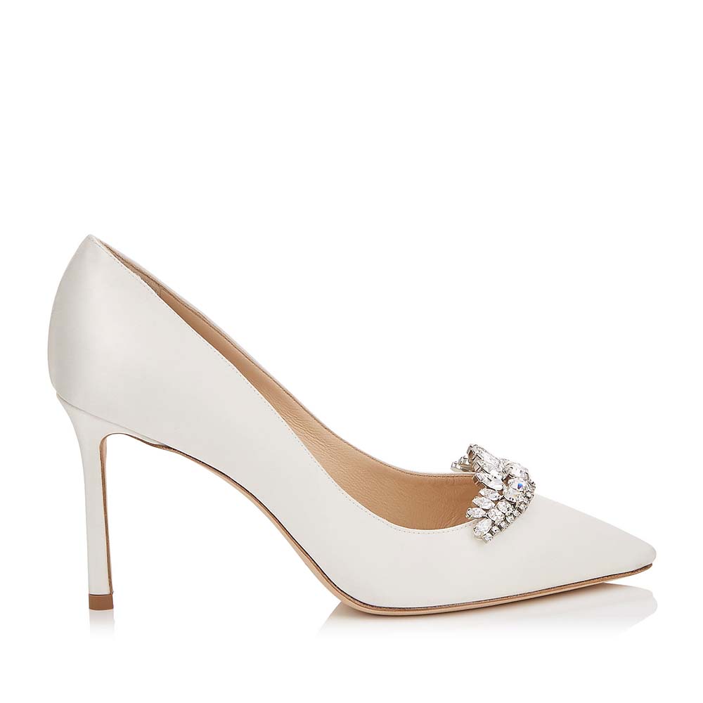 Side view of Jimmy Choo Women Shoes Romy 85 Lvory Satin Pumps