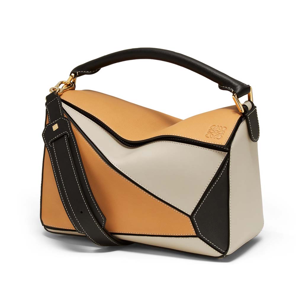 Front view of Loewe Women Puzzle Bag Amber Light Oat showcasing geometric panels