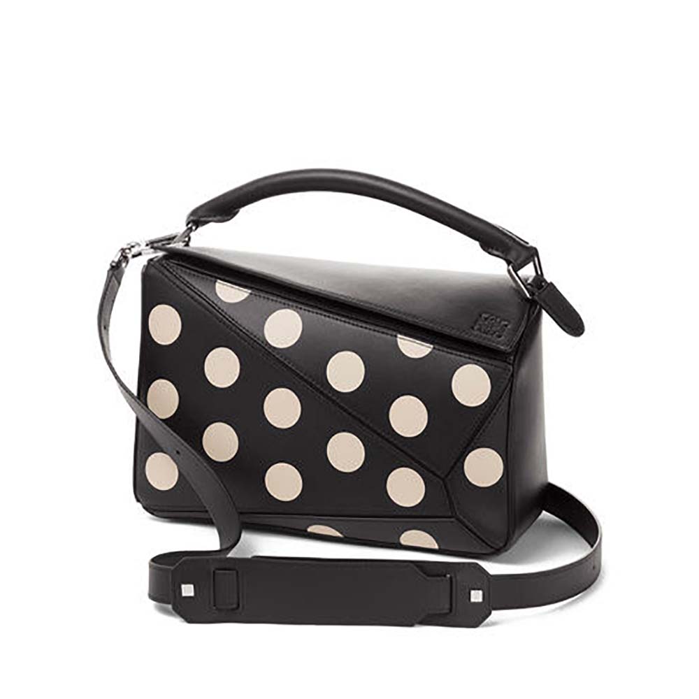 Front view of Loewe Women Puzzle Dots Bag Black/Greige showing puzzle design