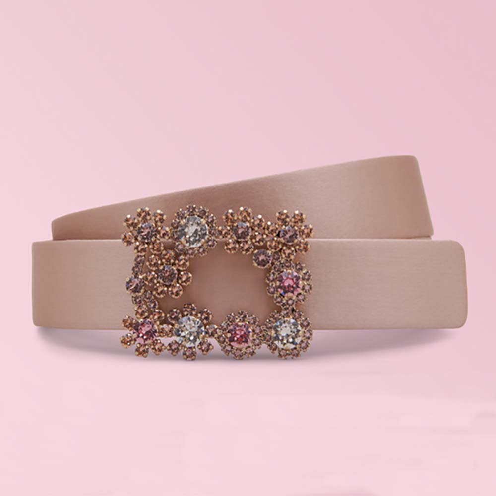 Front view of Roger Vivier Wome Flowers Belt in Silk Satin-Sandy