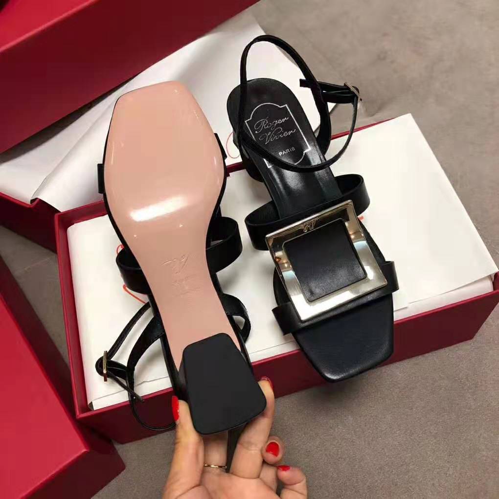 Side view of black leather Roger Vivier Women Bikiviv’ Sandals showcasing ankle strap