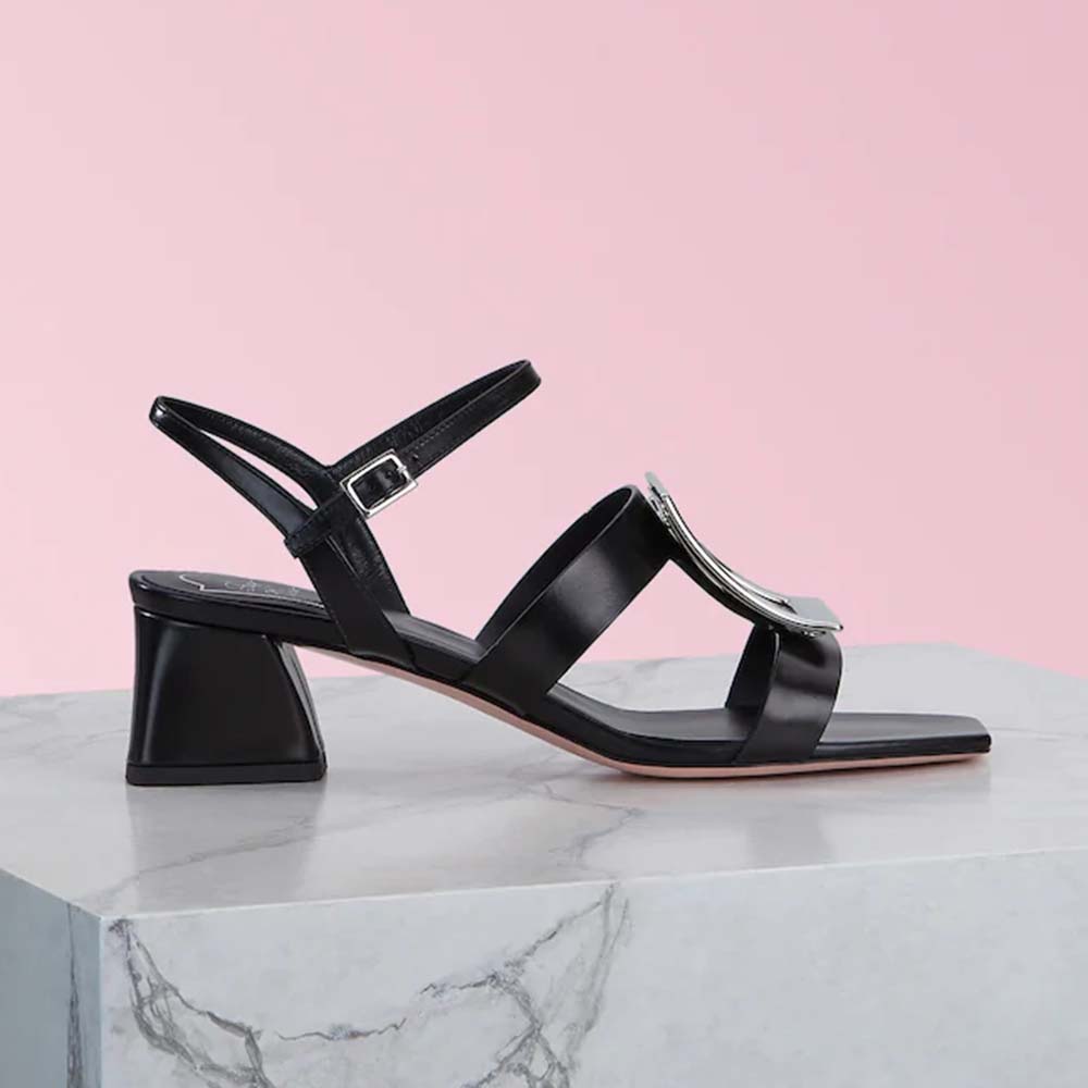 Front angle of Roger Vivier Women Bikiviv’ Sandals-Black showing square toe