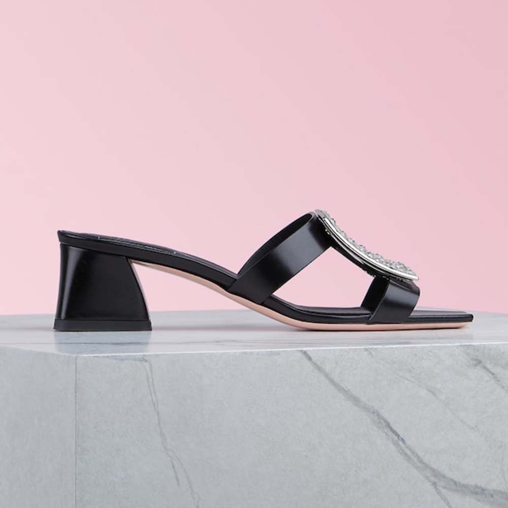 Side view of Roger Vivier Women Bikiviv’ Strass Mules-Black showing silhouette