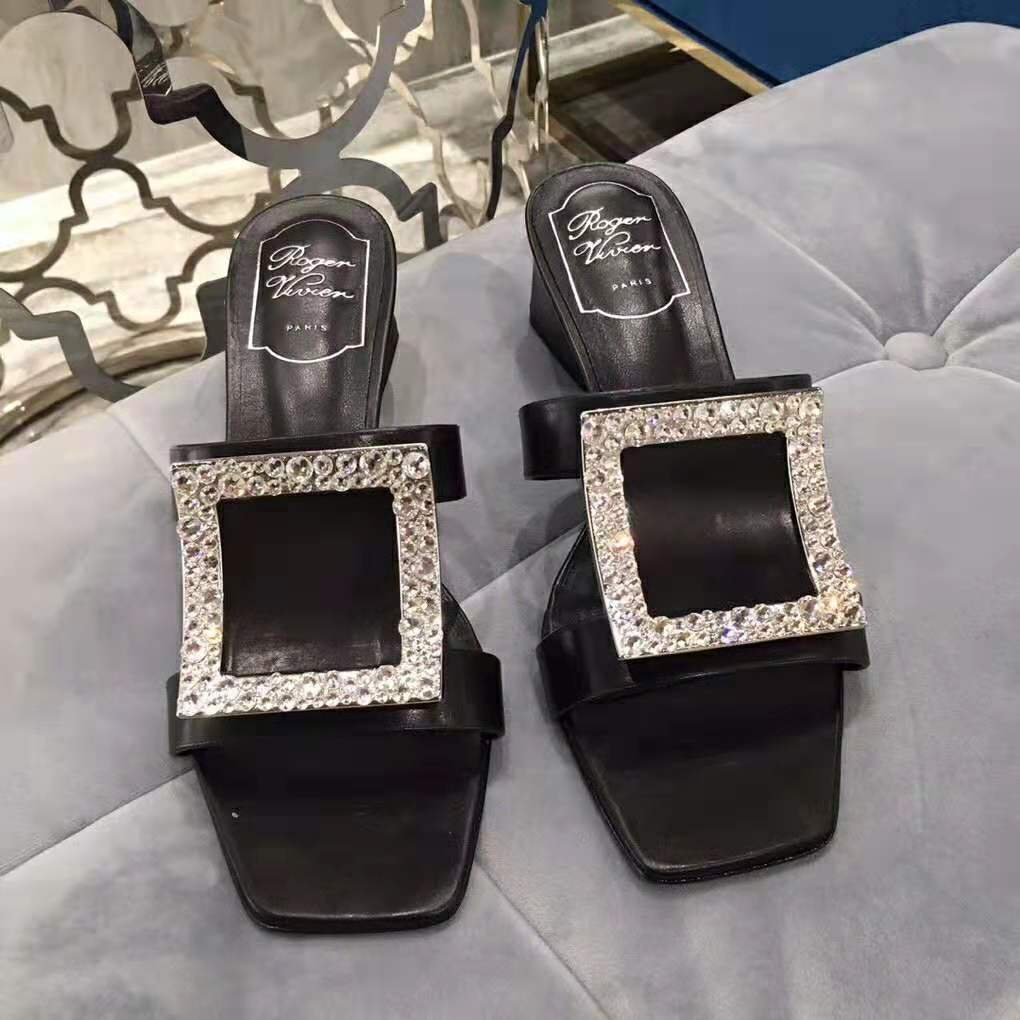 Close-up of sparkling strass crystals on Roger Vivier Women Bikiviv’ Strass Mules-Black