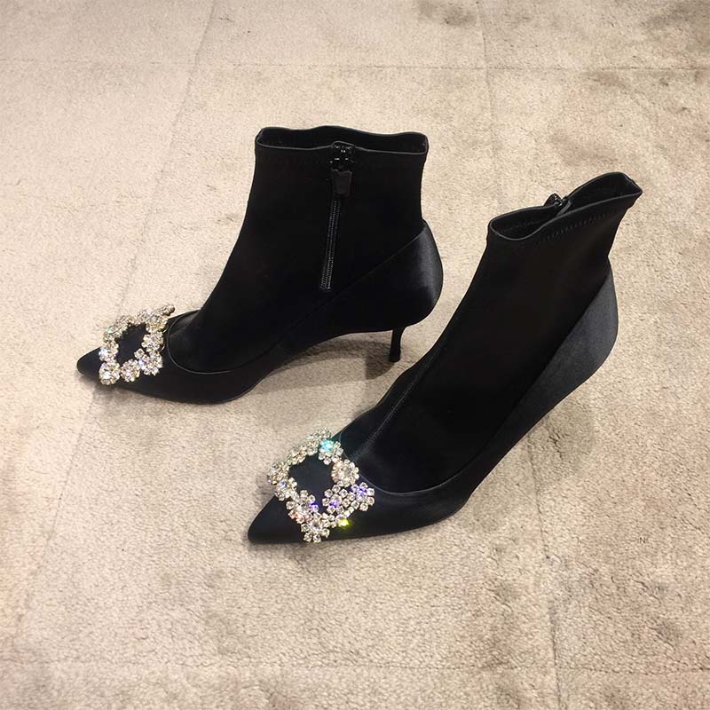 Top view showing 60mm heel height on Roger Vivier black satin silk booties