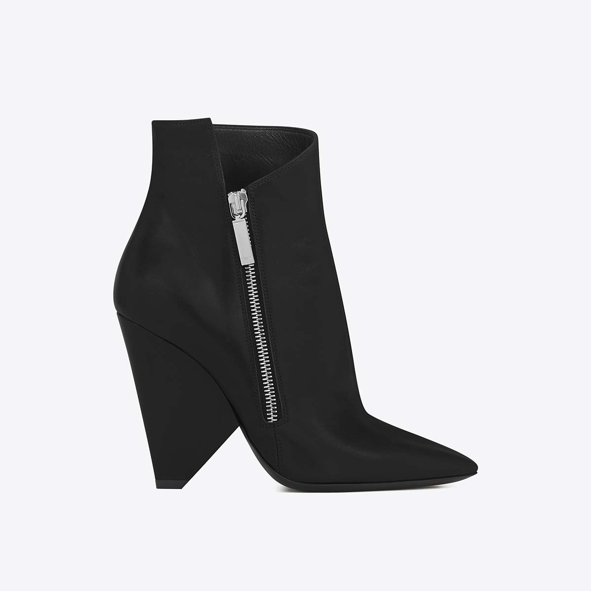 Side view of Saint Laurent YSL Women Niki 105 Asymmetrical Ankle Boot Leather Shoes Black