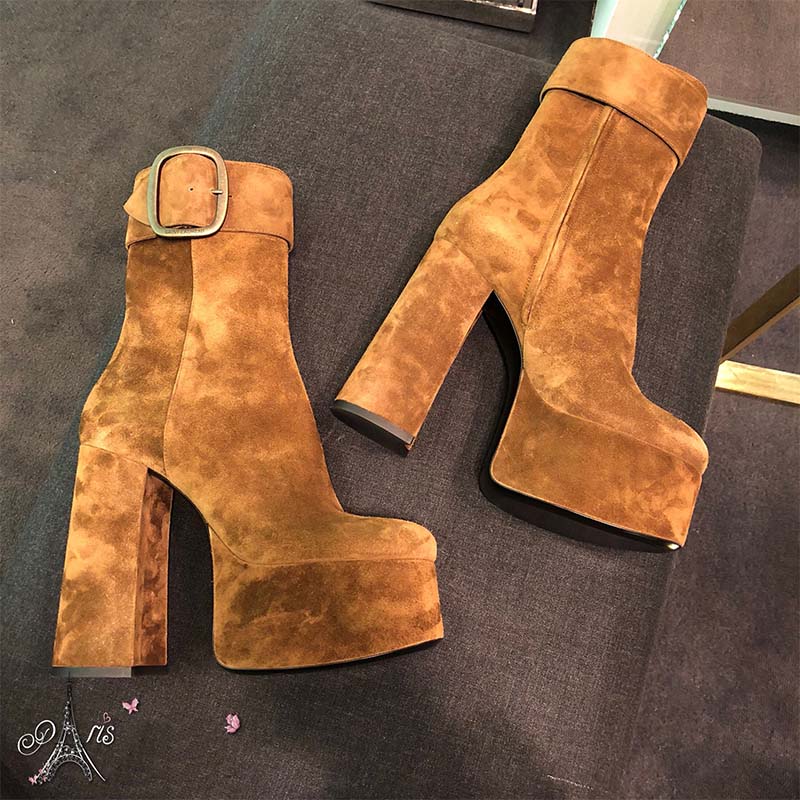 Front angle showing round toe and 14cm heel of Saint Laurent YSL bootie