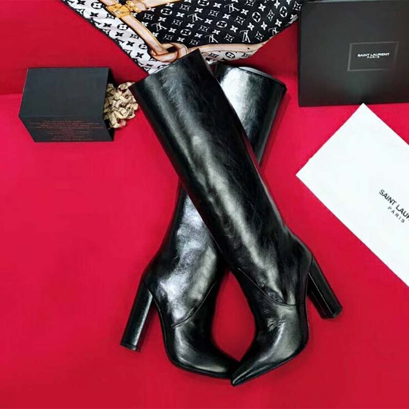 Front angle showing pointed toe of Saint Laurent YSL Women Lou Boot