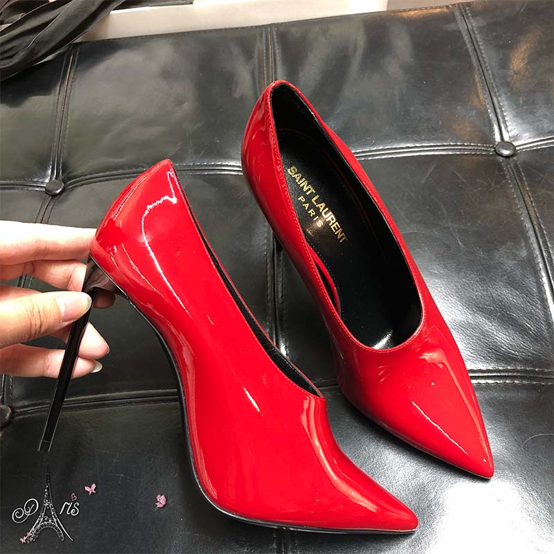 Top-down angle showing red patent leather and heel of Teddy Pump
