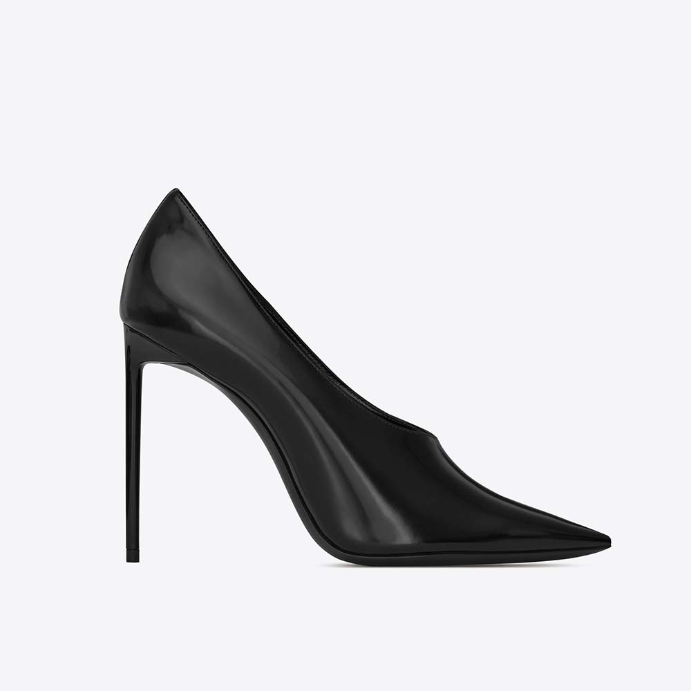 Side view of Saint Laurent YSL Women Shoes Teddy Pump Shiny Leather 10.5cm-Black