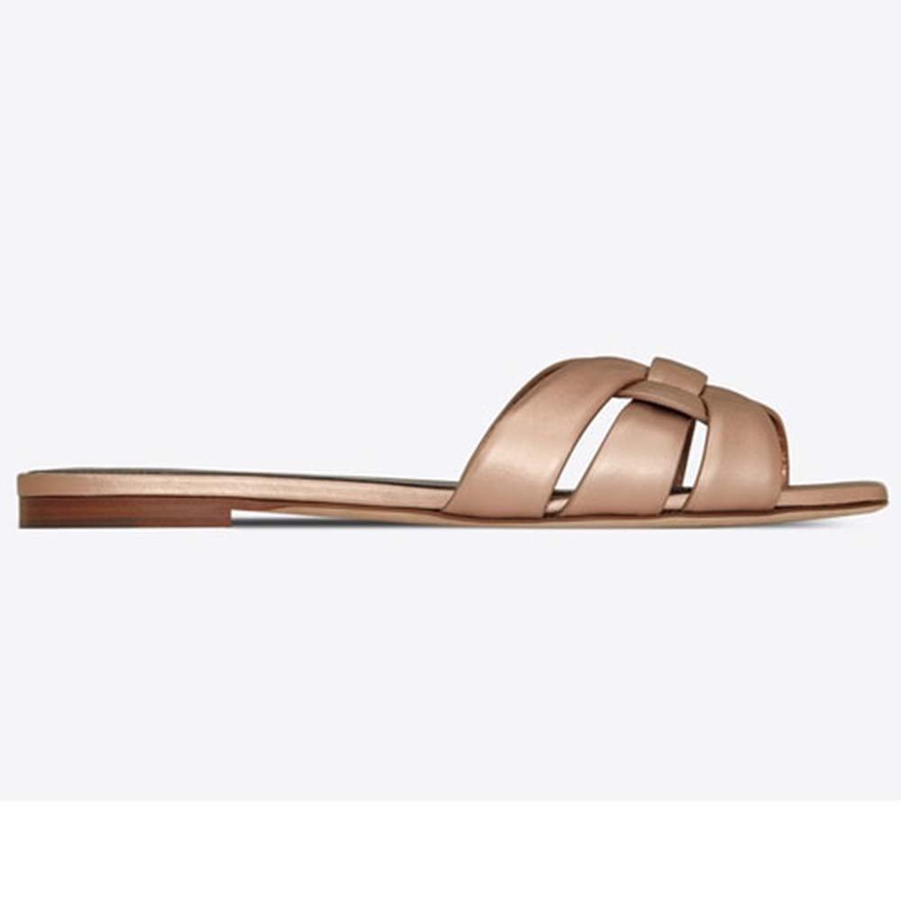 Side view of Saint Laurent YSL Women Tribute Flat Sandals Metallic Leather-Gold