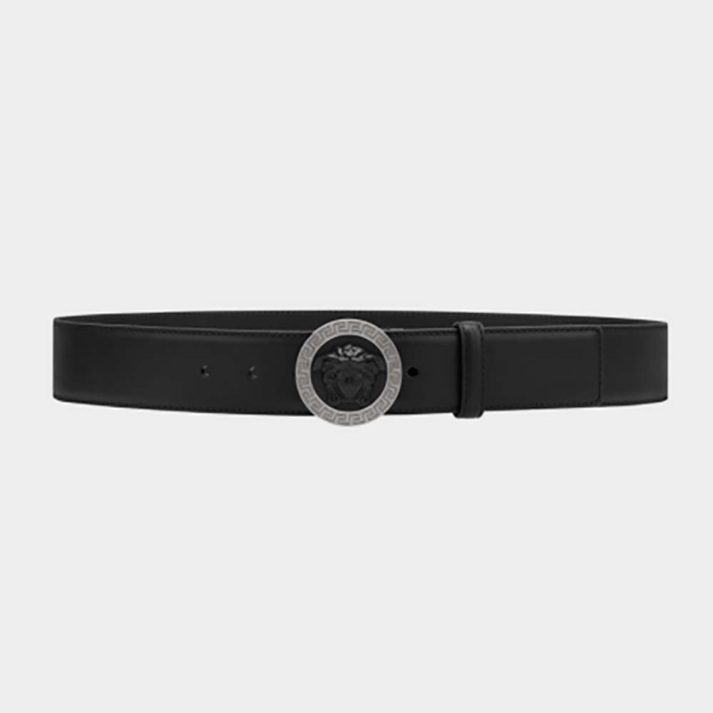 Front view of Versace Men Medusa Greca Leather Belt-Black with Medusa buckle