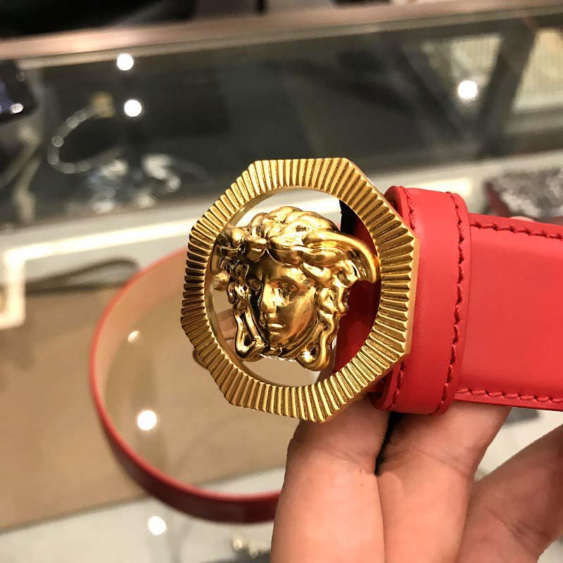 Versace Men Octagonal Medusa Leather Belt-Red - image 4