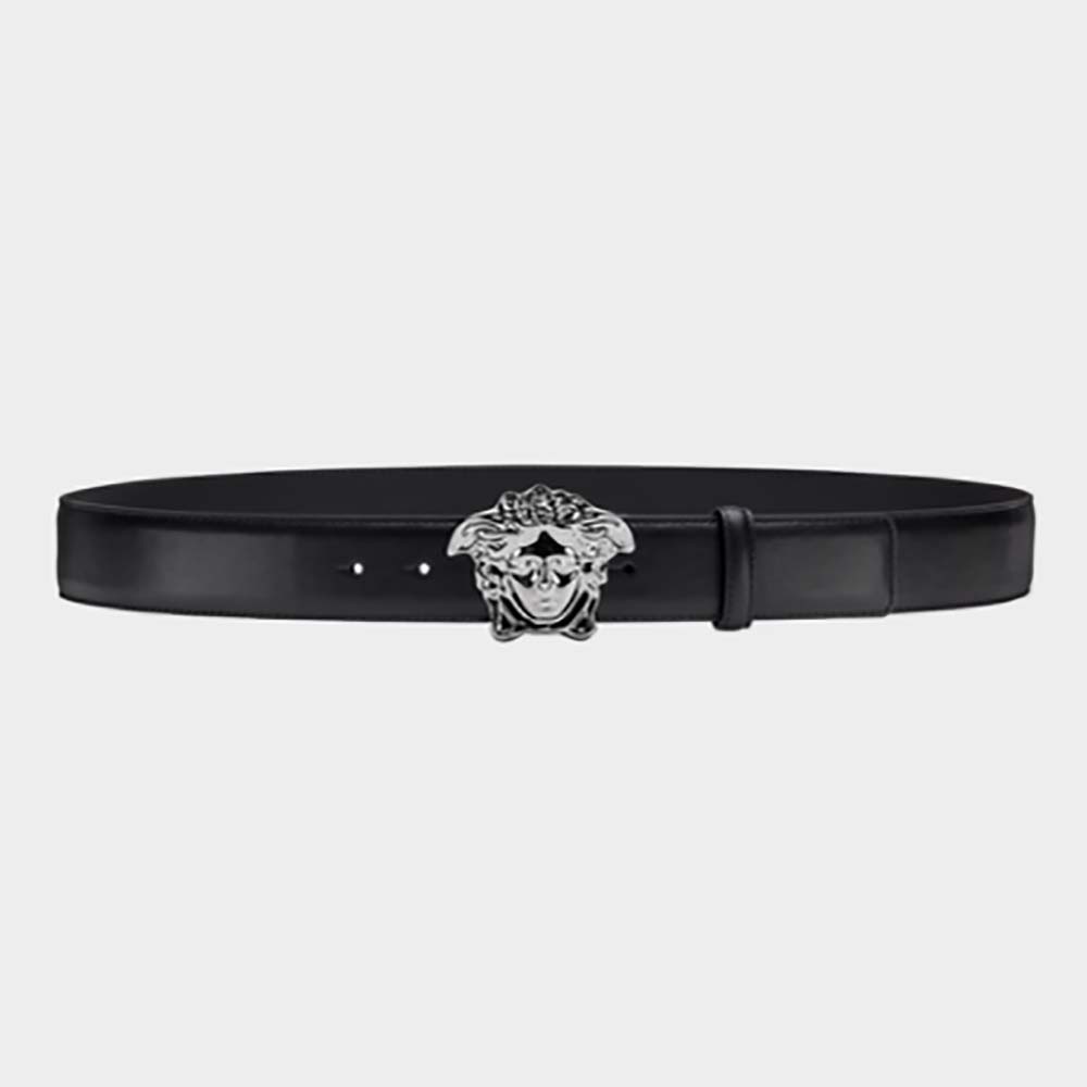 Front view of Versace Men Palazzo Belt with Medusa Buckle-Black