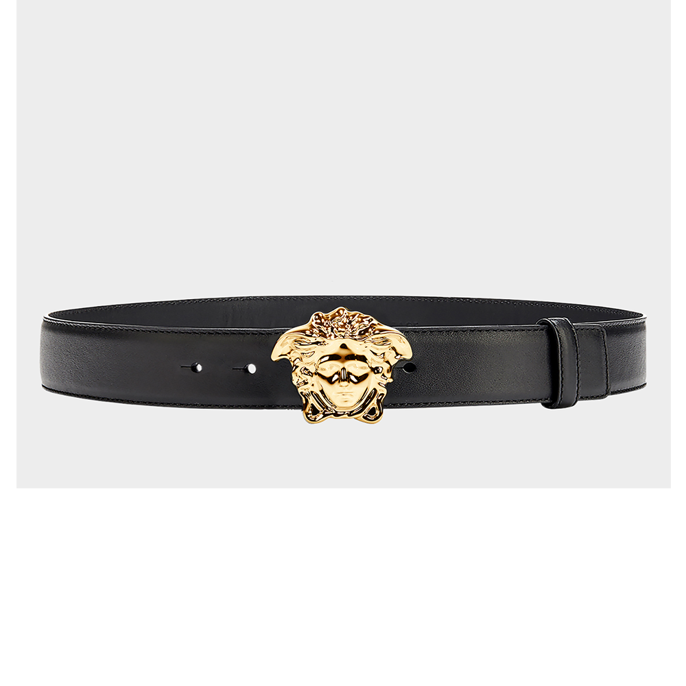 Front view of Versace Men Palazzo Belt with Medusa Buckle showing buckle detail