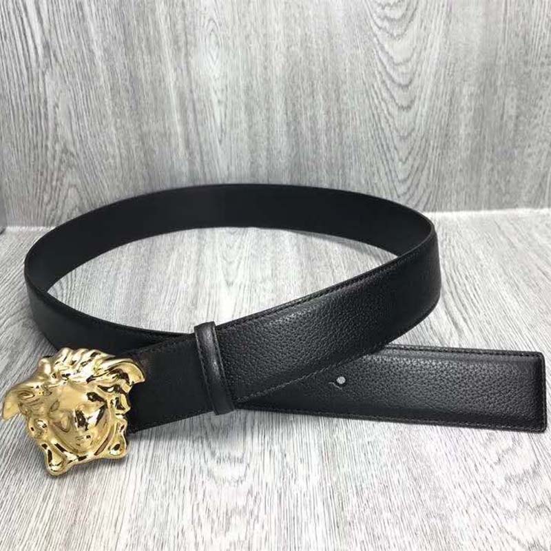 Close-up of Medusa buckle on Versace Men Palazzo Belt in black leather