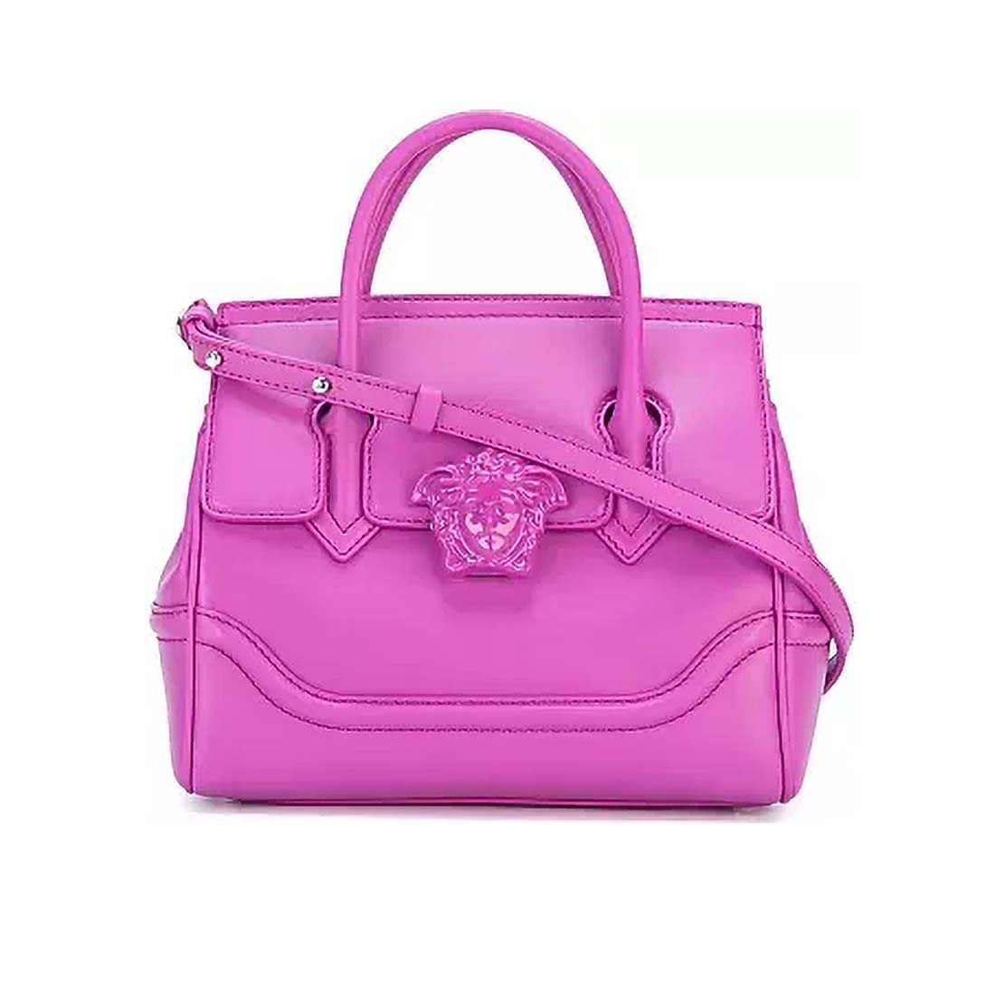 Front view of Versace Palazzo Empire Medium Bag in pink calf leather