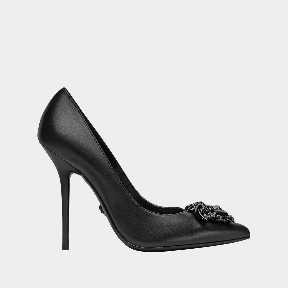 Side view of Versace Women Palazzo Leather Pumps Shoes Black