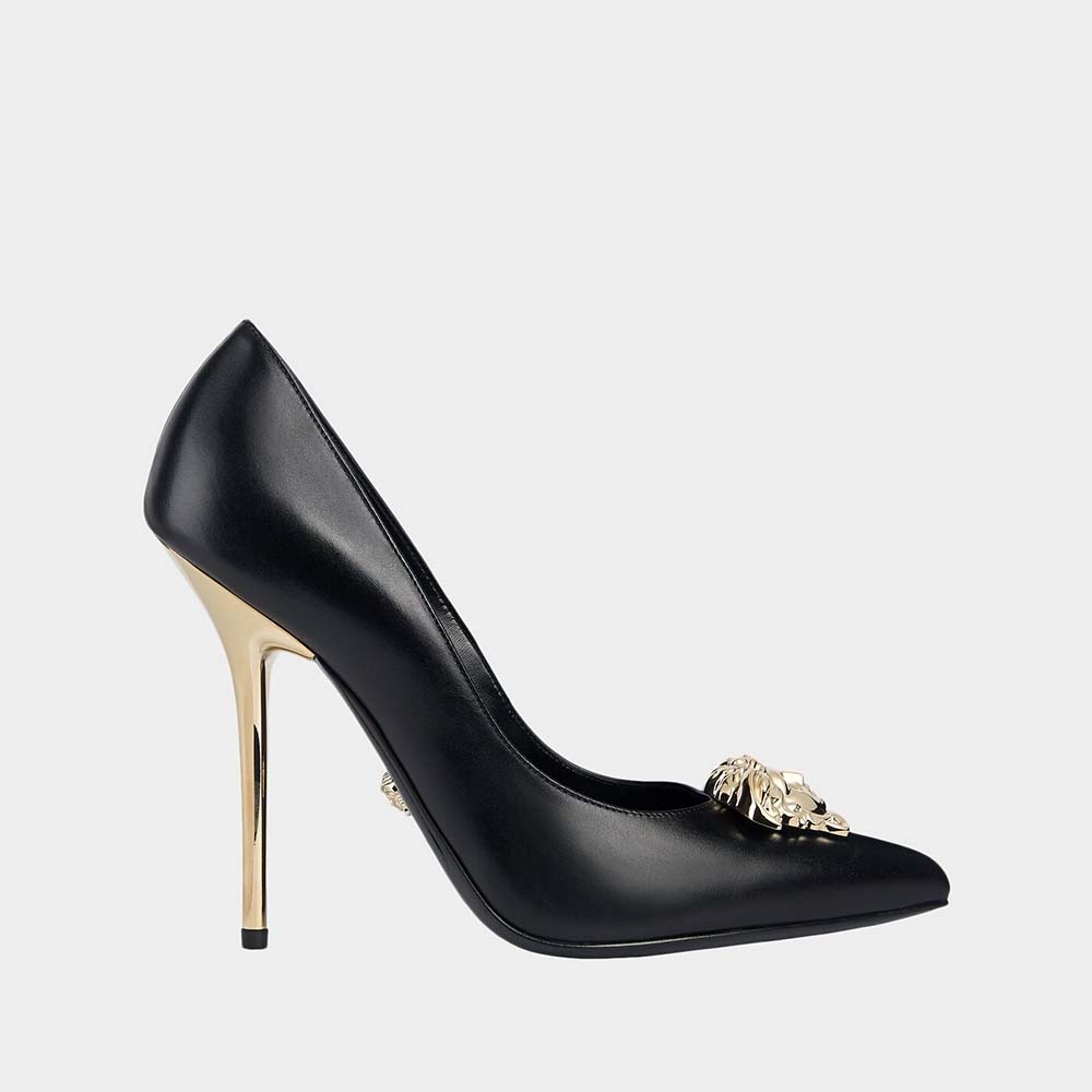 Side view of Versace Women Palazzo Pumps Leather Shoes-Black showing stiletto heel